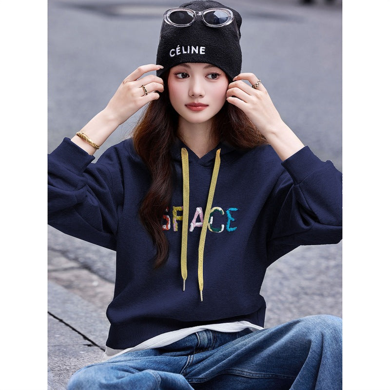 Casual Loose Hooded Letter Embroidery Pullover Long Sleeve Sweatshirt