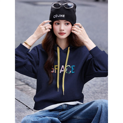 Casual Loose Hooded Letter Embroidery Pullover Long Sleeve Sweatshirt