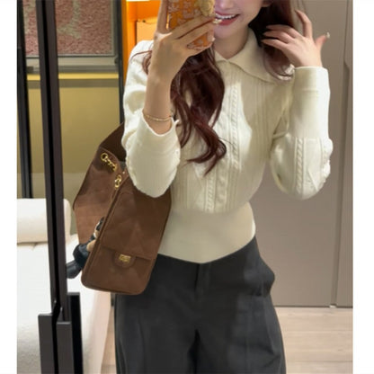 Polo lapel Fried Dough Twists base top waist short sweater