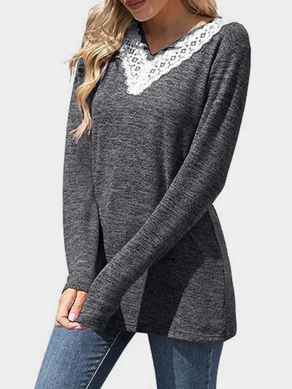 Solid color V-neck loose casual long sleeved T-shirt top for women's wear
