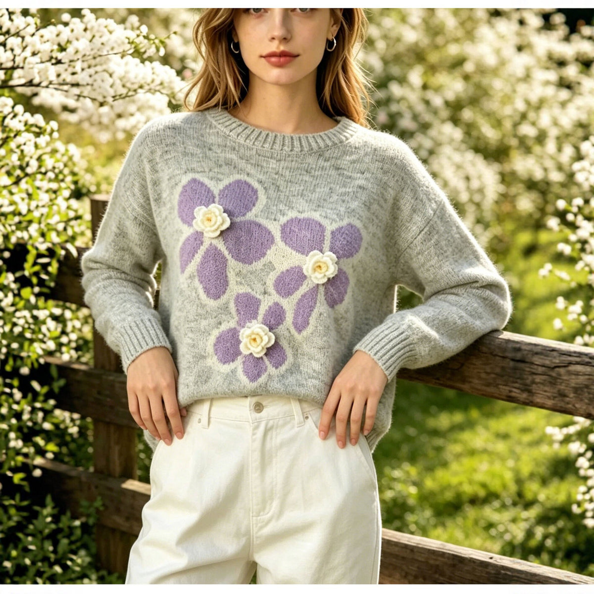 Round neck flower jacquard sweater for women's autumn and winter new style, loose soft and sticky knit sweater with pullover and long sleeves