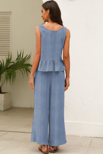 Women's Ribbed Ruffle Hem Tank Top & Wide Leg Pants Set – Casual Summer Co-ord
