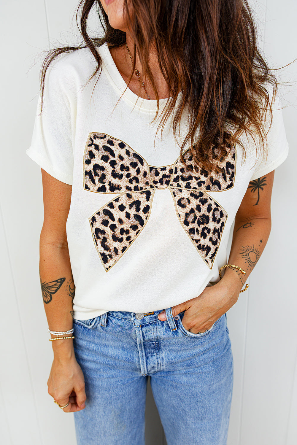 The 'Bella' Leopard Bow Embroidered Cotton Tee