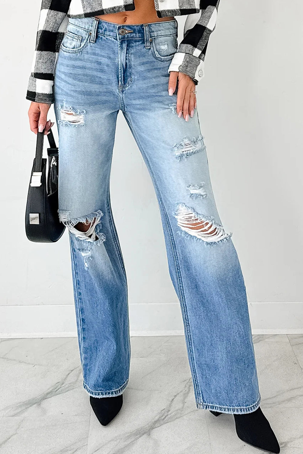 The 'Myosotis' Distressed Mid-Rise Straight Jeans