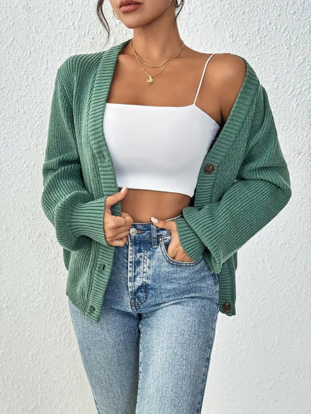 Women's Oversized Knit Cardigan – V-Neck Button Front Casual Sweater Jacket