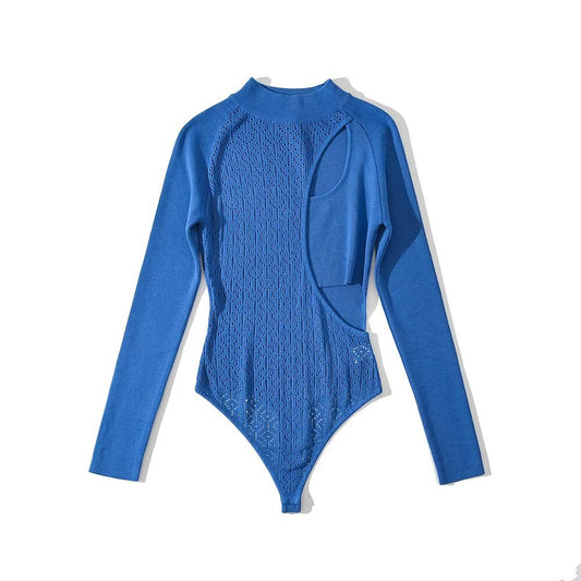 Round neck long sleeved two side hollow knitted jumpsuit/pants for women
