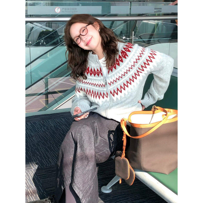 Pattern Knit Cardigan for Women, Thick Loose Casual  Double Zipper Sweater Top