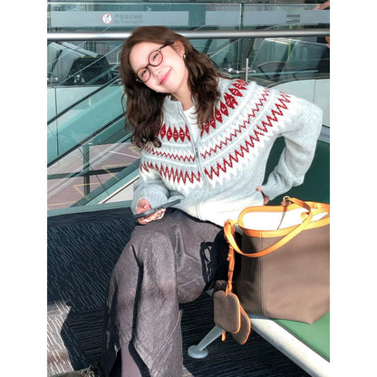 Pattern Knit Cardigan for Women, Thick Loose Casual  Double Zipper Sweater Top