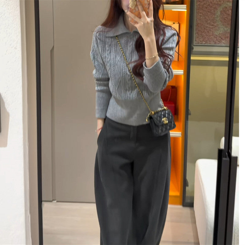 Polo lapel Fried Dough Twists base top waist short sweater