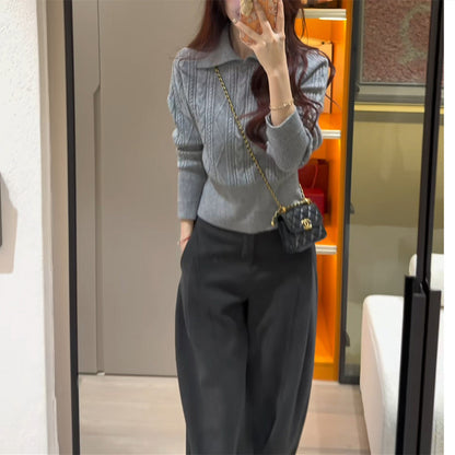 Polo lapel Fried Dough Twists base top waist short sweater