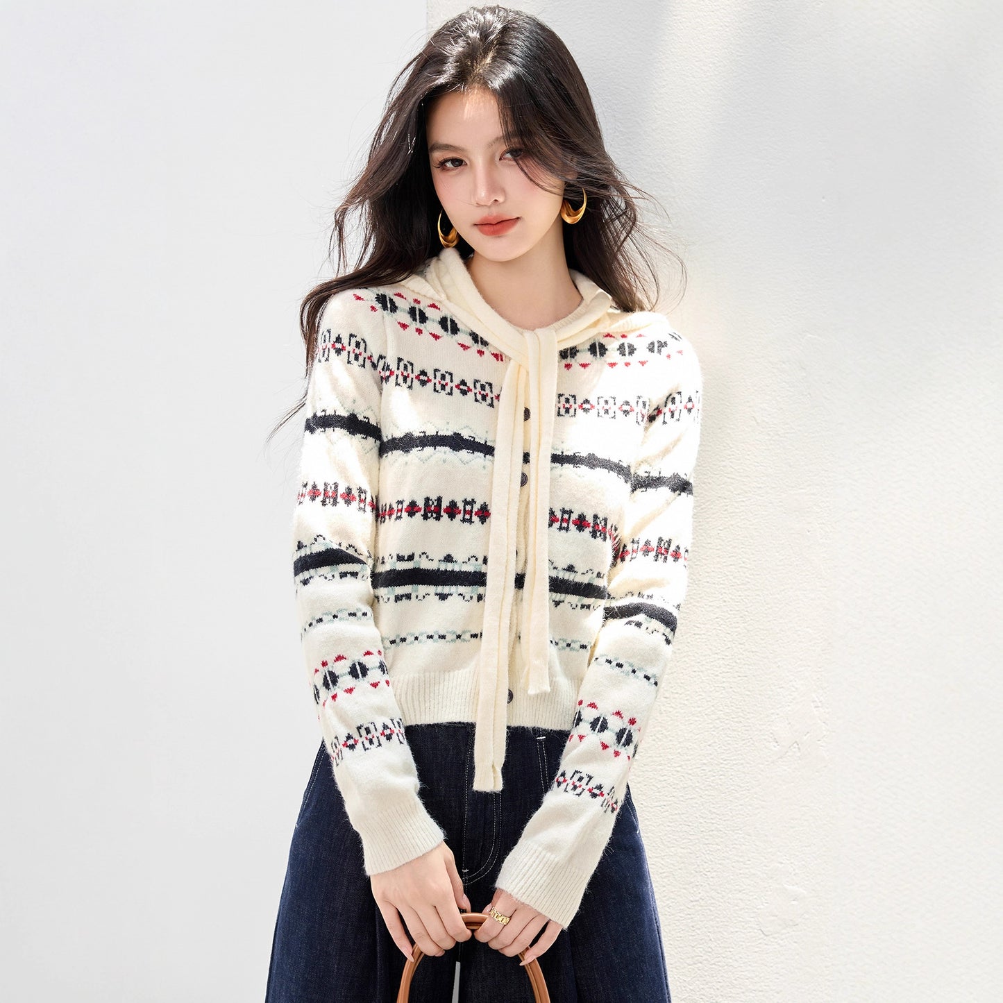 Vintage Stripe Jacquard Long Sleeve Knitwear Crew Neck Single Breasted Stripe Cardigan Top