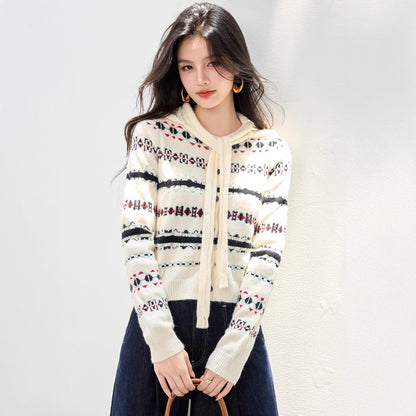 Vintage Stripe Jacquard Long Sleeve Knitwear Crew Neck Single Breasted Stripe Cardigan Top