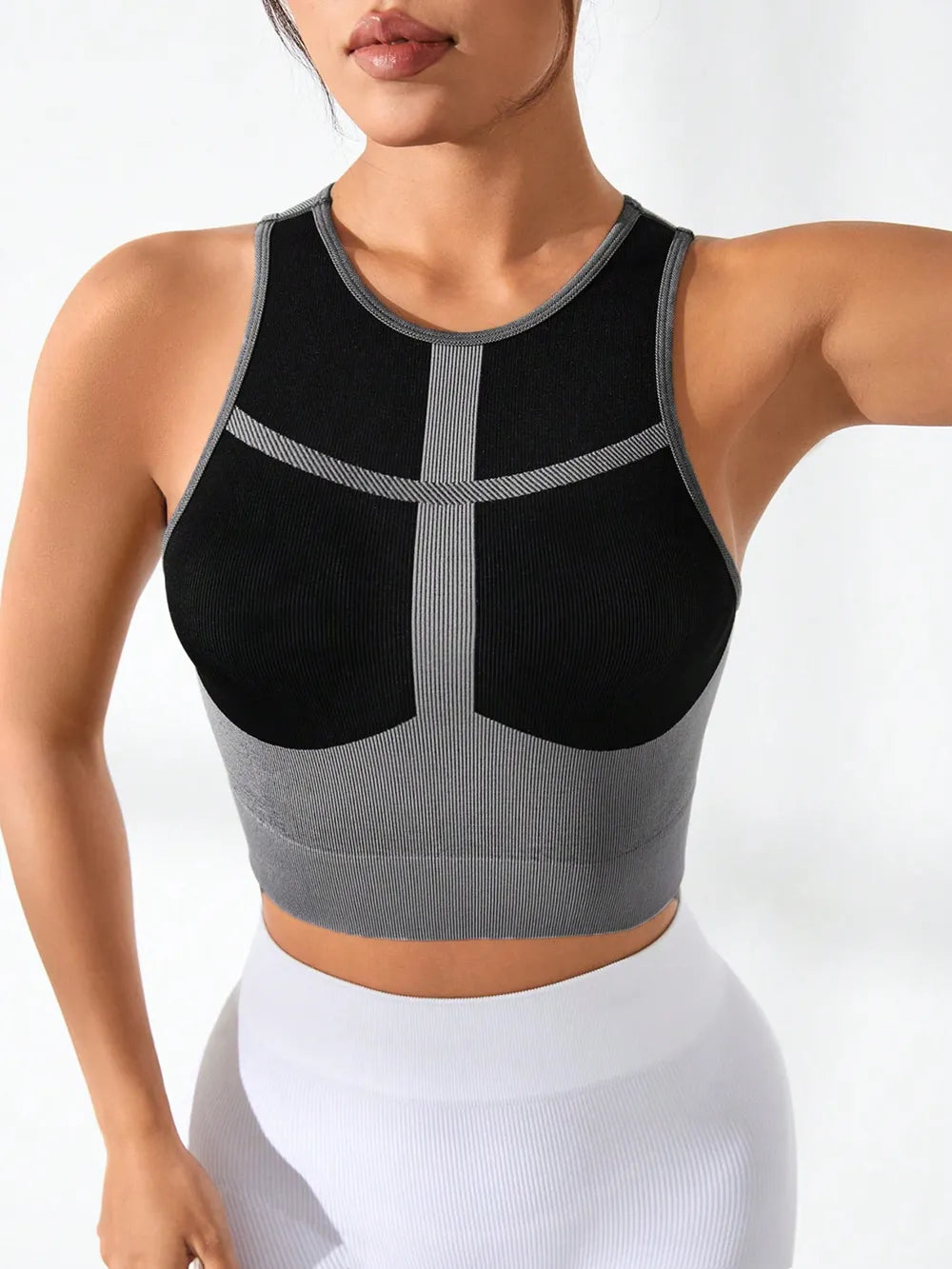 Close-up of round neckline on activewear tank

