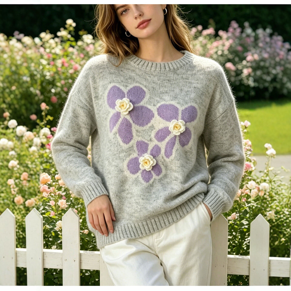 Round neck flower jacquard sweater for women's autumn and winter new style, loose soft and sticky knit sweater with pullover and long sleeves
