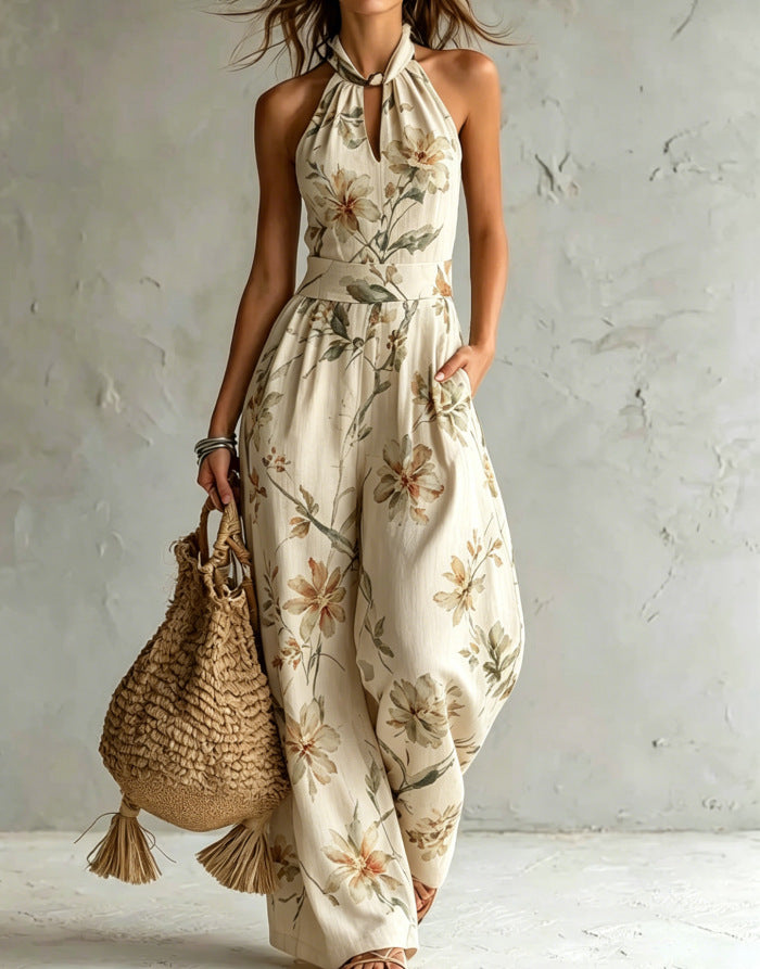Women's Halter Backless Tie-Dye Jumpsuit – Wide Leg Beach Pants