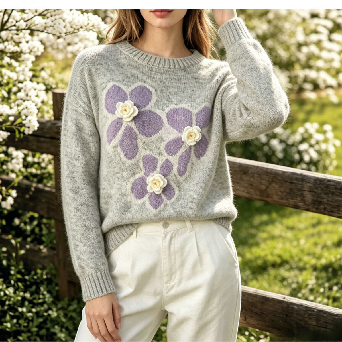 Round neck flower jacquard sweater for women's autumn and winter new style, loose soft and sticky knit sweater with pullover and long sleeves