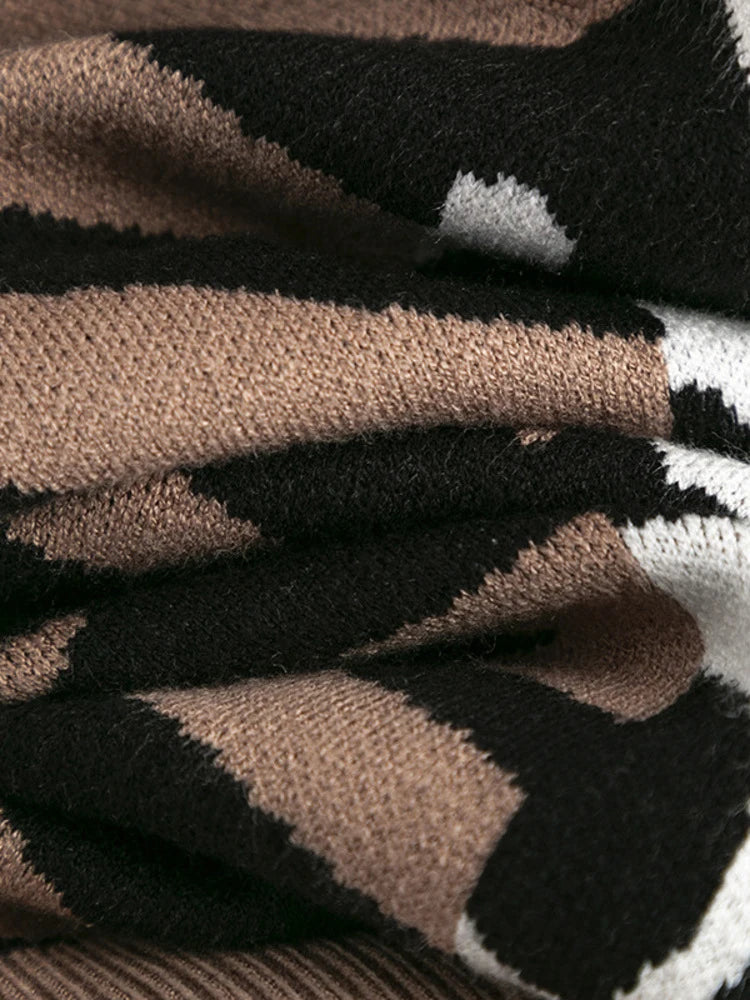 Autumn/Winter New Sweater For Women Leopard Color Block V-neck Long Sleeve Loose Knitted Pullover Top Female