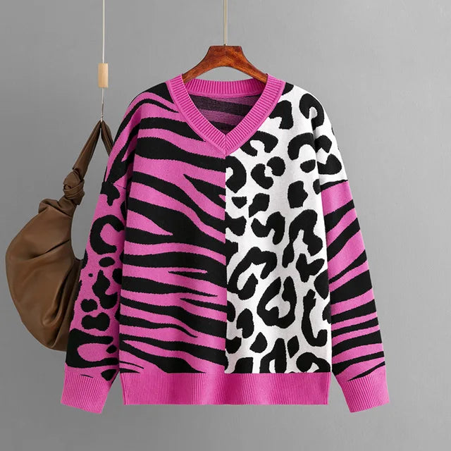 Autumn/Winter New Sweater For Women Leopard Color Block V-neck Long Sleeve Loose Knitted Pullover Top Female