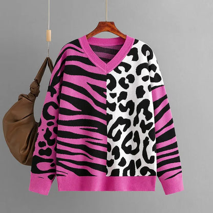 Autumn/Winter New Sweater For Women Leopard Color Block V-neck Long Sleeve Loose Knitted Pullover Top Female