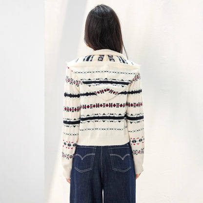 Vintage Stripe Jacquard Long Sleeve Knitwear Crew Neck Single Breasted Stripe Cardigan Top