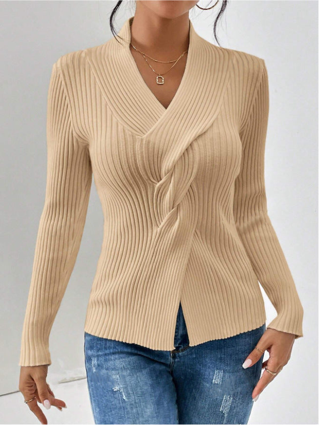 Women's Ribbed Knit Twist Front Slim Fit Sweater – Elegant Long Sleeve Pullover