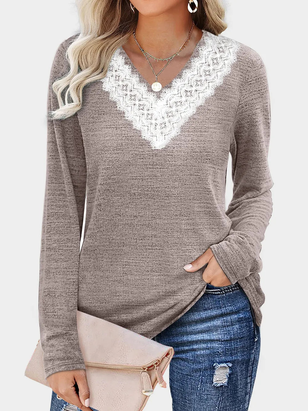 Solid color V-neck loose casual long sleeved T-shirt top for women's wear