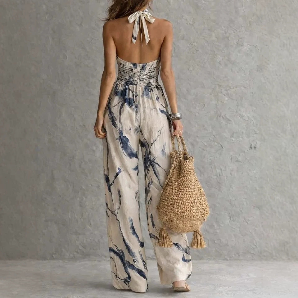 Women's Halter Backless Tie-Dye Jumpsuit – Wide Leg Beach Pants