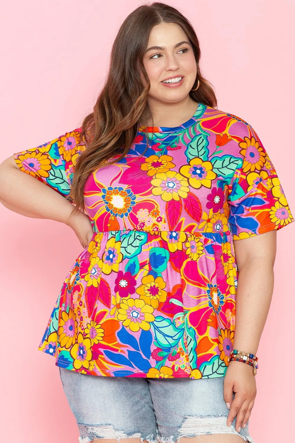 Plus Size Printed Round Neck Short Sleeve Top