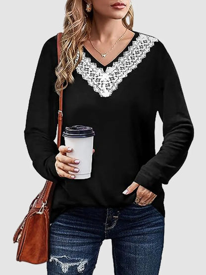 Solid color V-neck loose casual long sleeved T-shirt top for women's wear