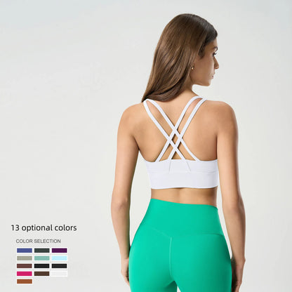 Cross back yoga bra brushed bare high-strength shock-absorbing gathering sports vest for women