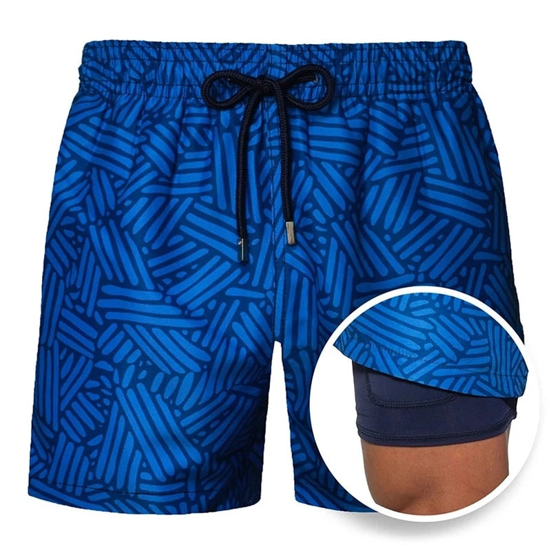 Summer Shorts Men's Beach Pants Sports Pants Printed Double-Layer Shorts Men's Casual Quick-Drying Floral Shorts Men