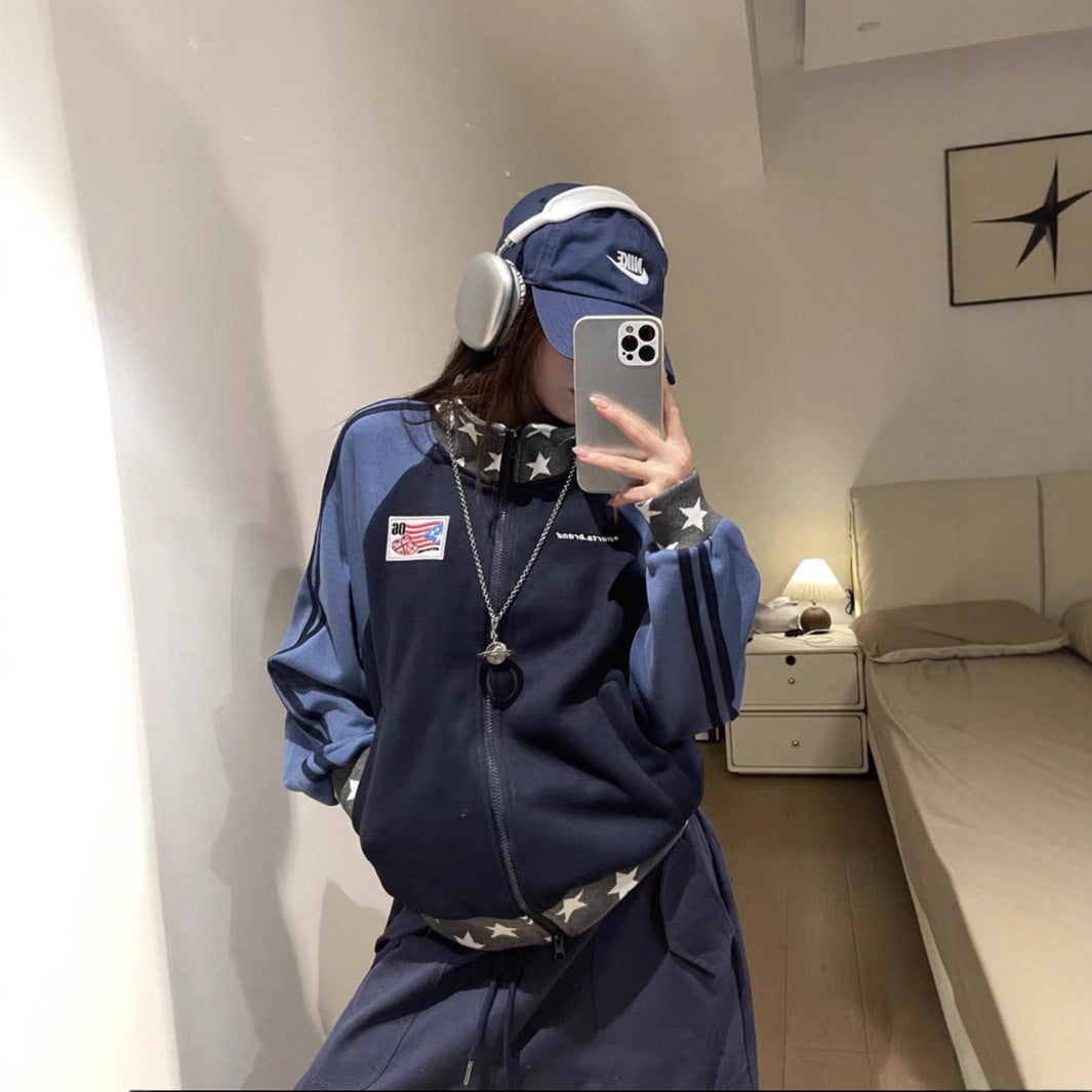 Retro Color-Blocked Star Hoodie, Loose Casual Sporty Design, Zip-Up Patchwork Stand Collar Jacket Top