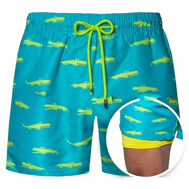 Summer Shorts Men's Beach Pants Sports Pants Printed Double-Layer Shorts Men's Casual Quick-Drying Floral Shorts Men