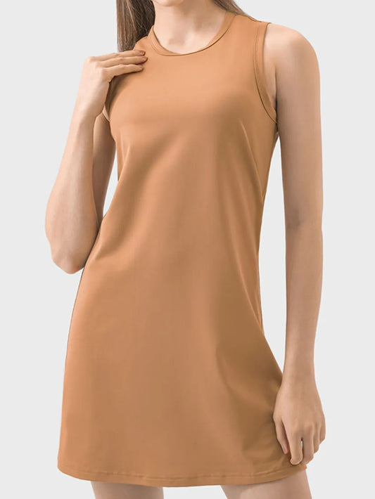 Sleeveless casual mini dress for women in camel brown color

