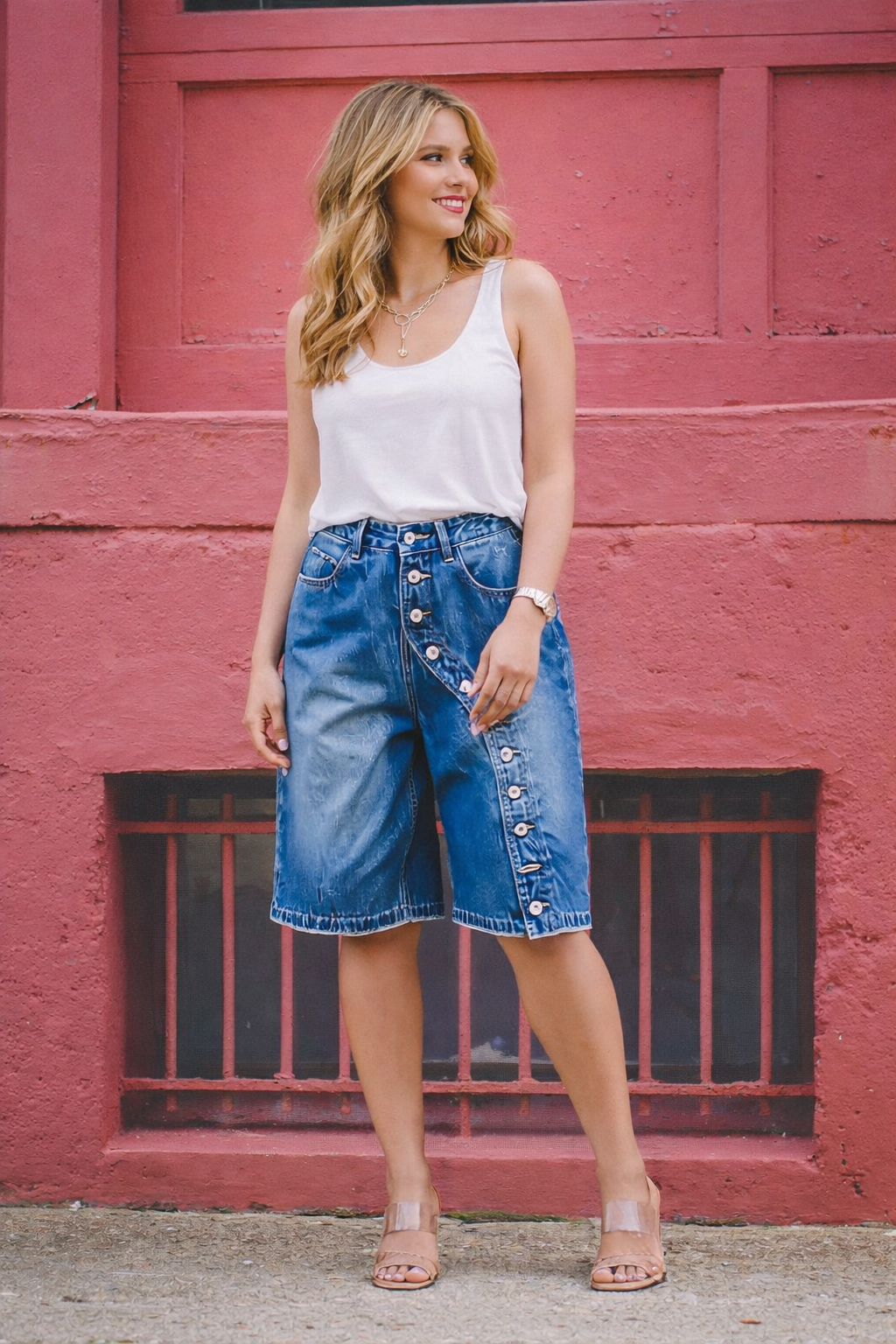 The 'Asym-Edge' Diagonal Button Denim Bermuda Shorts