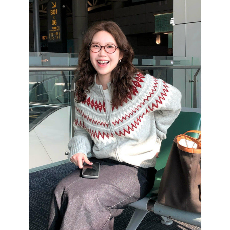 Pattern Knit Cardigan for Women, Thick Loose Casual  Double Zipper Sweater Top