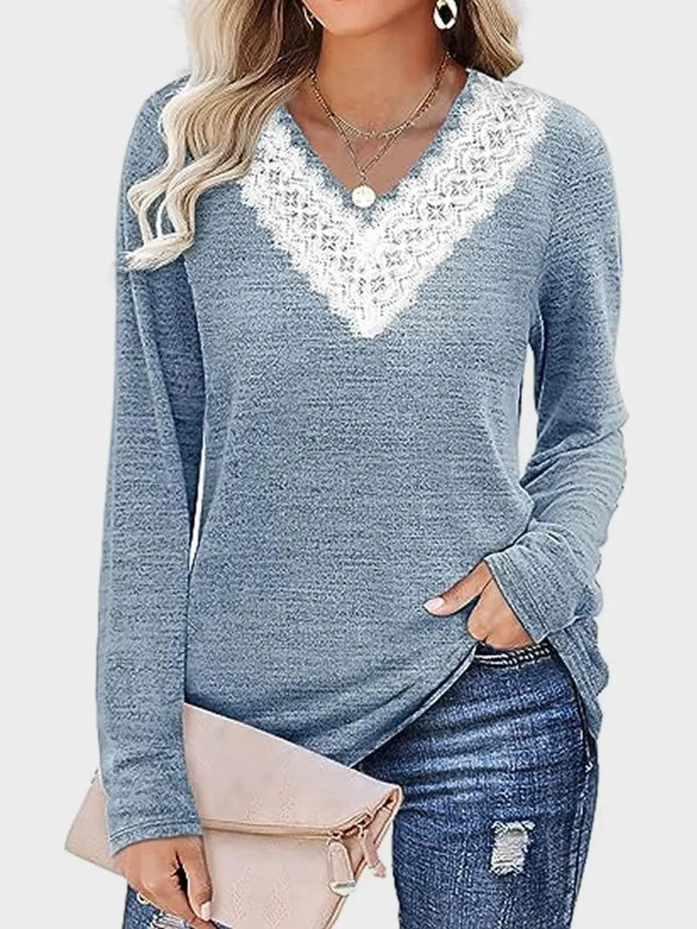 Solid color V-neck loose casual long sleeved T-shirt top for women's wear