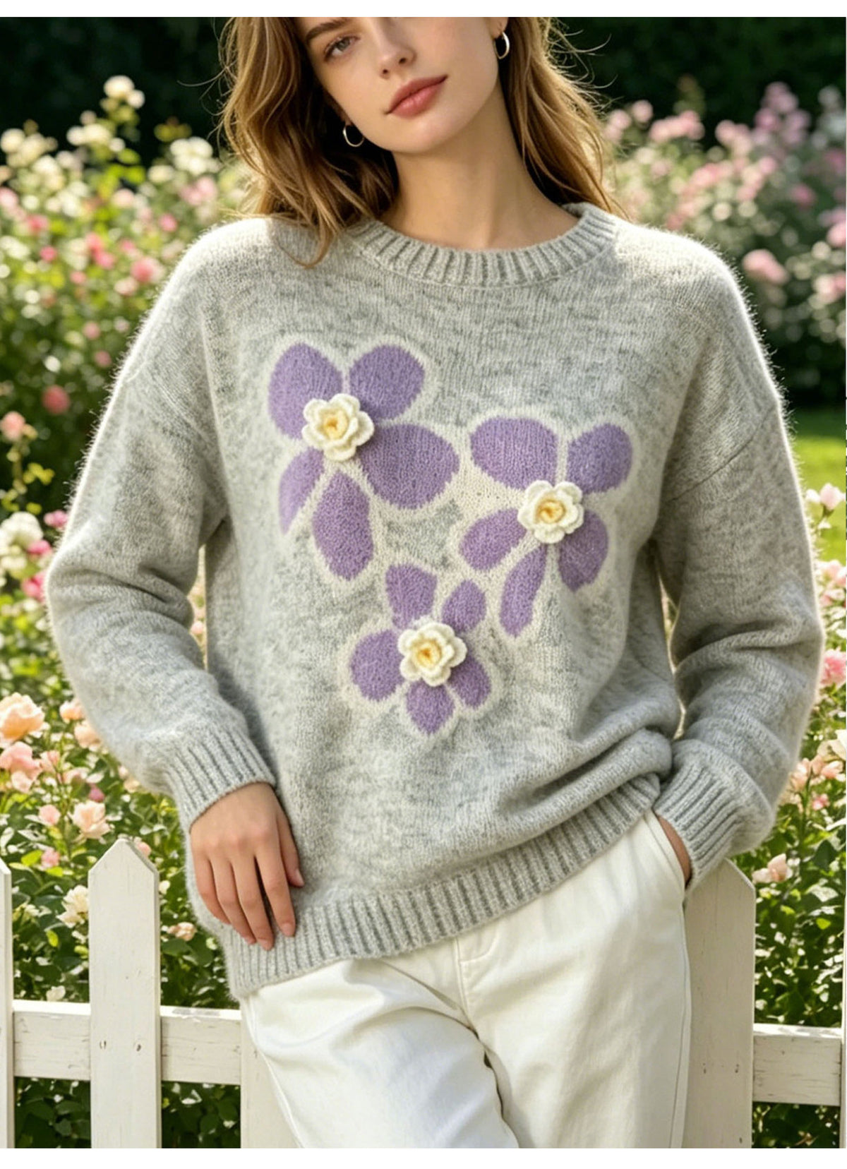 Round neck flower jacquard sweater for women's autumn and winter new style, loose soft and sticky knit sweater with pullover and long sleeves