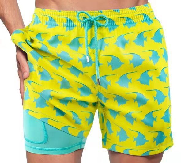 Summer Shorts Men's Beach Pants Sports Pants Printed Double-Layer Shorts Men's Casual Quick-Drying Floral Shorts Men