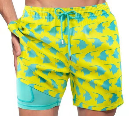 Summer Shorts Men's Beach Pants Sports Pants Printed Double-Layer Shorts Men's Casual Quick-Drying Floral Shorts Men