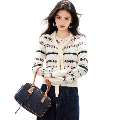 Vintage Stripe Jacquard Long Sleeve Knitwear Crew Neck Single Breasted Stripe Cardigan Top