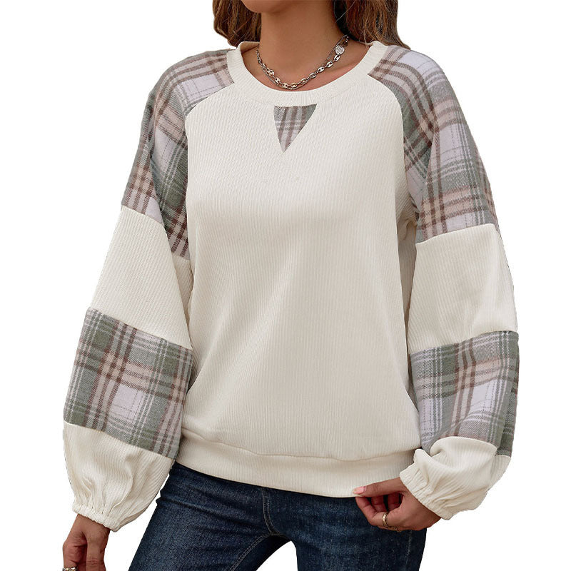 Women's Plaid Color Block Long Sleeve Crew Neck Loose Pullover Sweatshirt