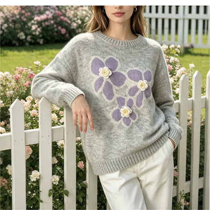 Round neck flower jacquard sweater for women's autumn and winter new style, loose soft and sticky knit sweater with pullover and long sleeves
