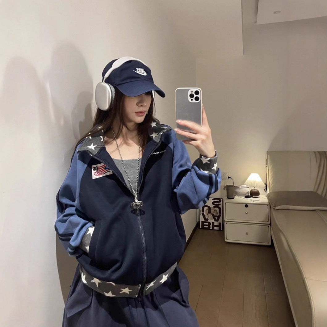 Retro Color-Blocked Star Hoodie, Loose Casual Sporty Design, Zip-Up Patchwork Stand Collar Jacket Top