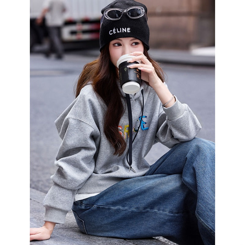 Casual Loose Hooded Letter Embroidery Pullover Long Sleeve Sweatshirt