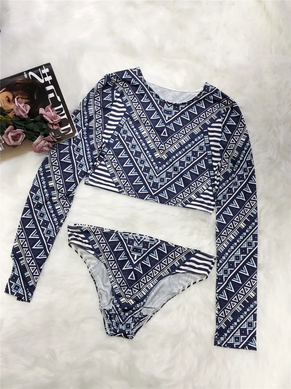 "Beach fashion swimwear set with blue tribal pattern and long sleeves"
