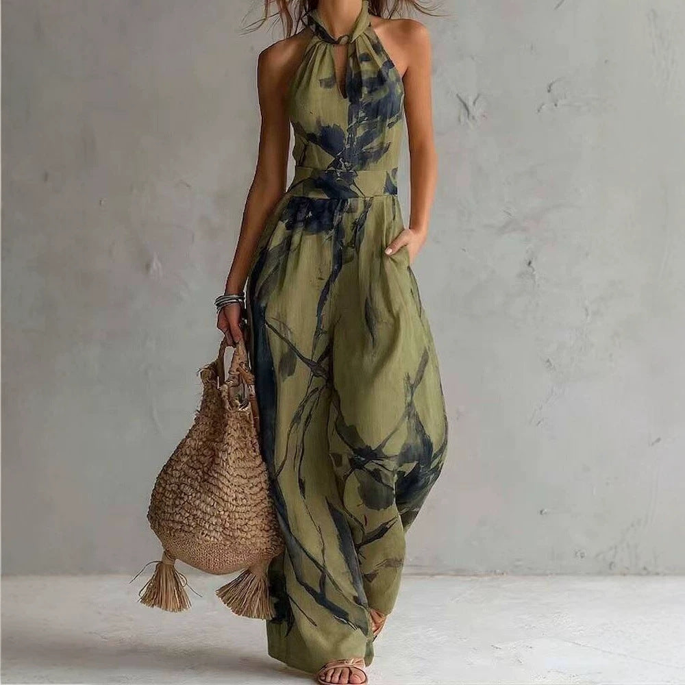Women's Halter Backless Tie-Dye Jumpsuit – Wide Leg Beach Pants