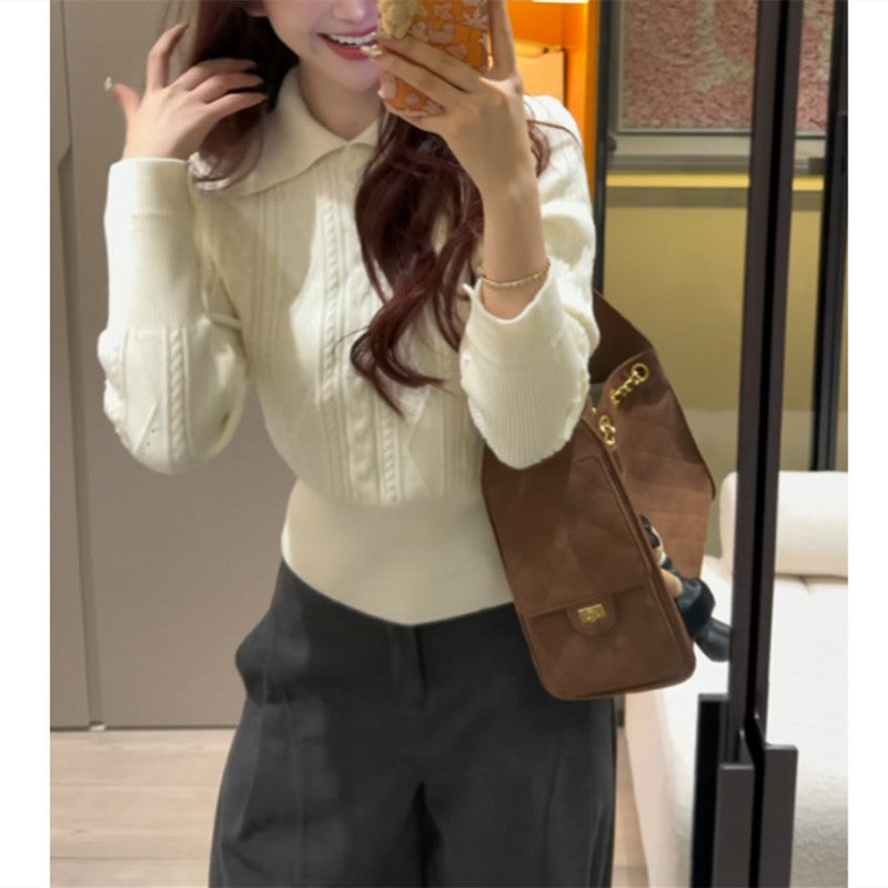 Polo lapel Fried Dough Twists base top waist short sweater