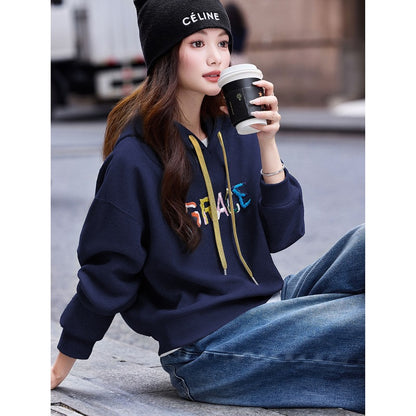 Casual Loose Hooded Letter Embroidery Pullover Long Sleeve Sweatshirt