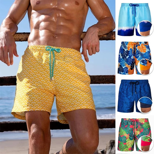 Summer Shorts Men's Beach Pants Sports Pants Printed Double-Layer Shorts Men's Casual Quick-Drying Floral Shorts Men